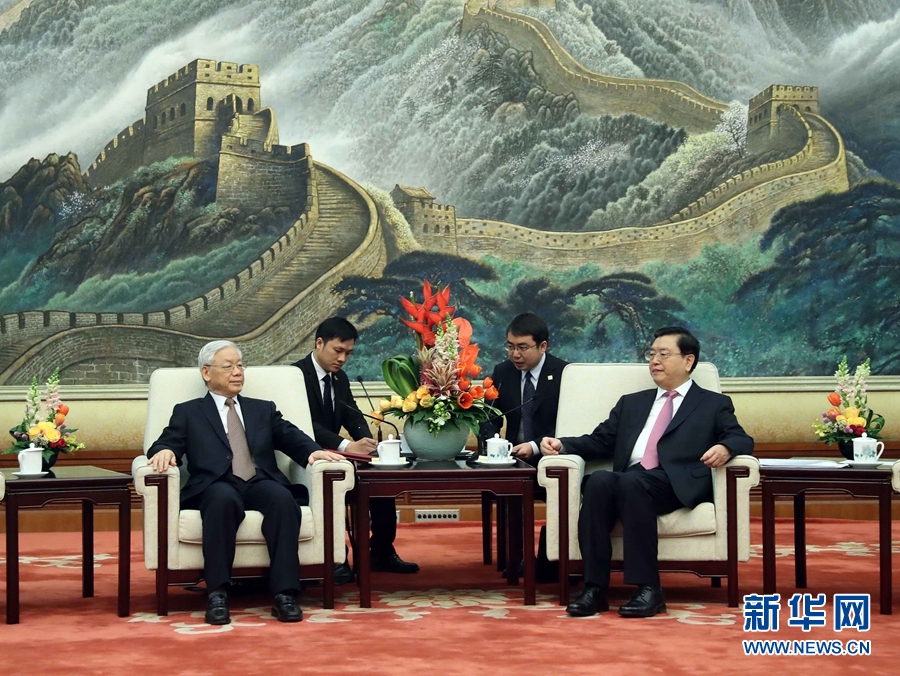 1月13日，中共中央政治局常委、全國人大常委會委員長張德江在北京人民大會堂會見越共中央總書記阮富仲。 新華社記者 劉衛(wèi)兵 攝