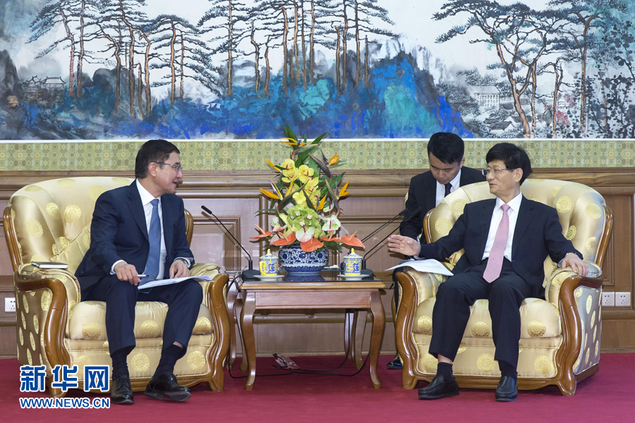 7月19日，中共中央政治局委員、中央政法委書記孟建柱在北京會見烏茲別克斯坦副總理庫奇卡羅夫。 新華社記者崔新鈺攝