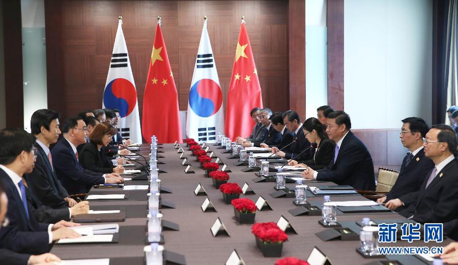 7月4日，國(guó)家主席習(xí)近平在首爾會(huì)見韓國(guó)總理鄭烘原。 新華社記者謝環(huán)馳攝 