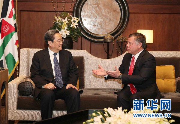 11月9日，正在約旦進(jìn)行正式友好訪問(wèn)的全國(guó)政協(xié)主席俞正聲在安曼會(huì)見(jiàn)約旦國(guó)王阿卜杜拉二世。 新華社記者 劉衛(wèi)兵 攝 