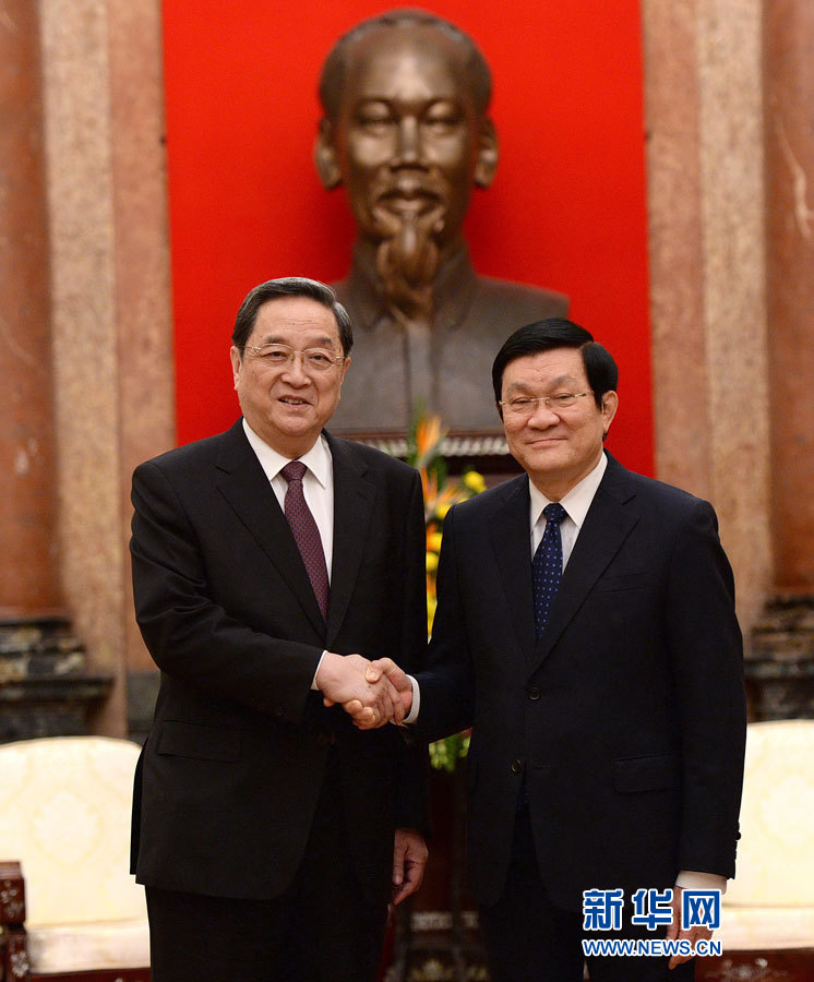 12月25日至27日，中共中央政治局常委、全國政協(xié)主席俞正聲對越南進(jìn)行正式訪問。這是12月26日，俞正聲在河內(nèi)會見越南國家主席張晉創(chuàng)。 新華社記者馬占成攝