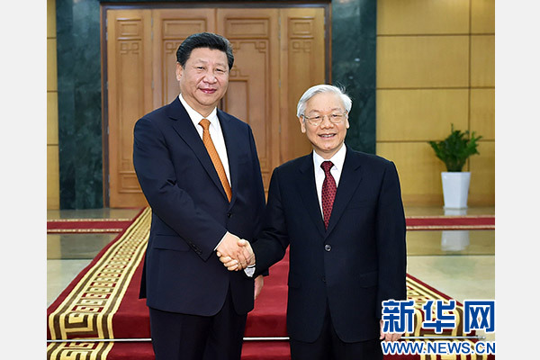 11月5日，中共中央總書記、國家主席習(xí)近平在河內(nèi)同越共中央總書記阮富仲舉行會談。 新華社記者李濤攝